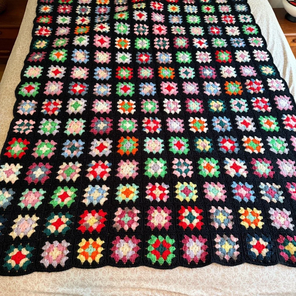 Vintage Handmade Crochet Granny Square Blanket Multi Color Black Afghan 62x50
